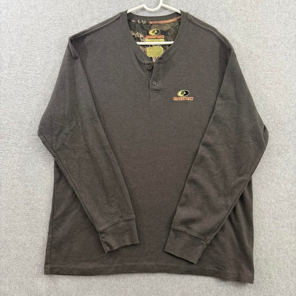 Mossy Oak Men's XL Waffle Knit Henley Shirt Camo Hunting Thermal Gray